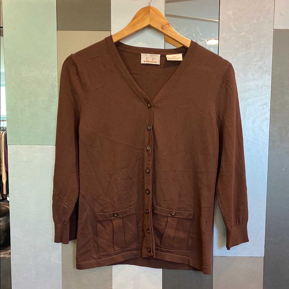 EP PRO Women's Brown Knit V-Neck Button-Up Sweater Cardigan